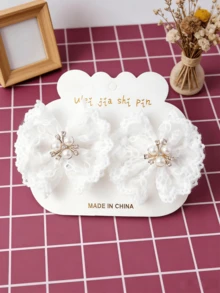 2件套新款奢华珍珠发夹套装，飘逸蕾丝蝴蝶结刘海夹，优雅发饰 - 白色 - 查看 5