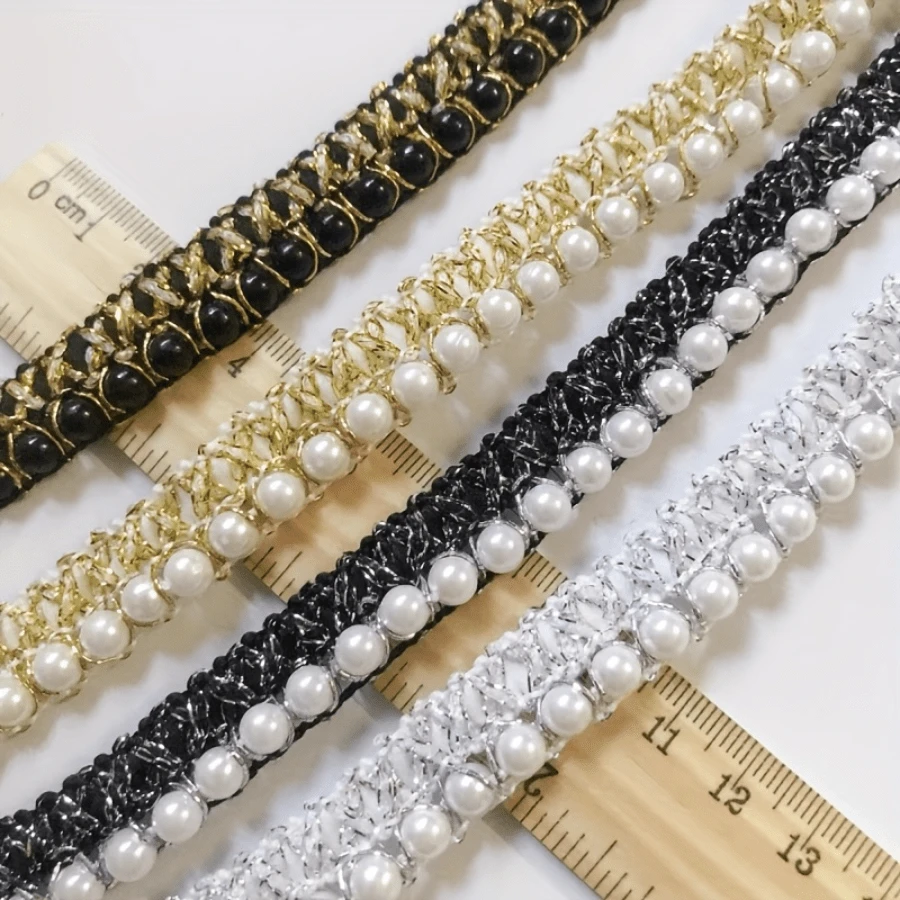 36 pulgadas de elegante cinta de satén lujosa bordada con encaje de perlas doradas, densamente decorada con perlas, adecuada para manualidades de costura y decoración del hogar, accesorio de tela versátil y fácil de usar - Multicolor - Ver 1