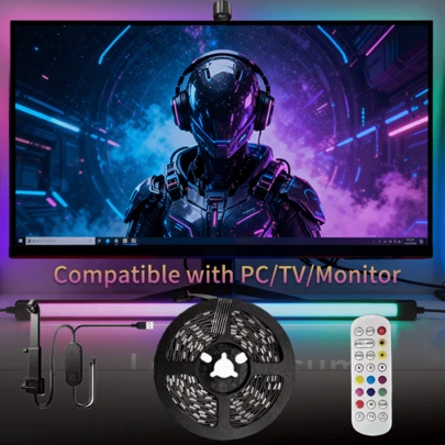 1个RGBIC LED电视背光灯，带遥控器，USB供电，5V，内置AR色彩传感器，智能配色，安装简便，适用于电脑、电视、显示器和智能电视。