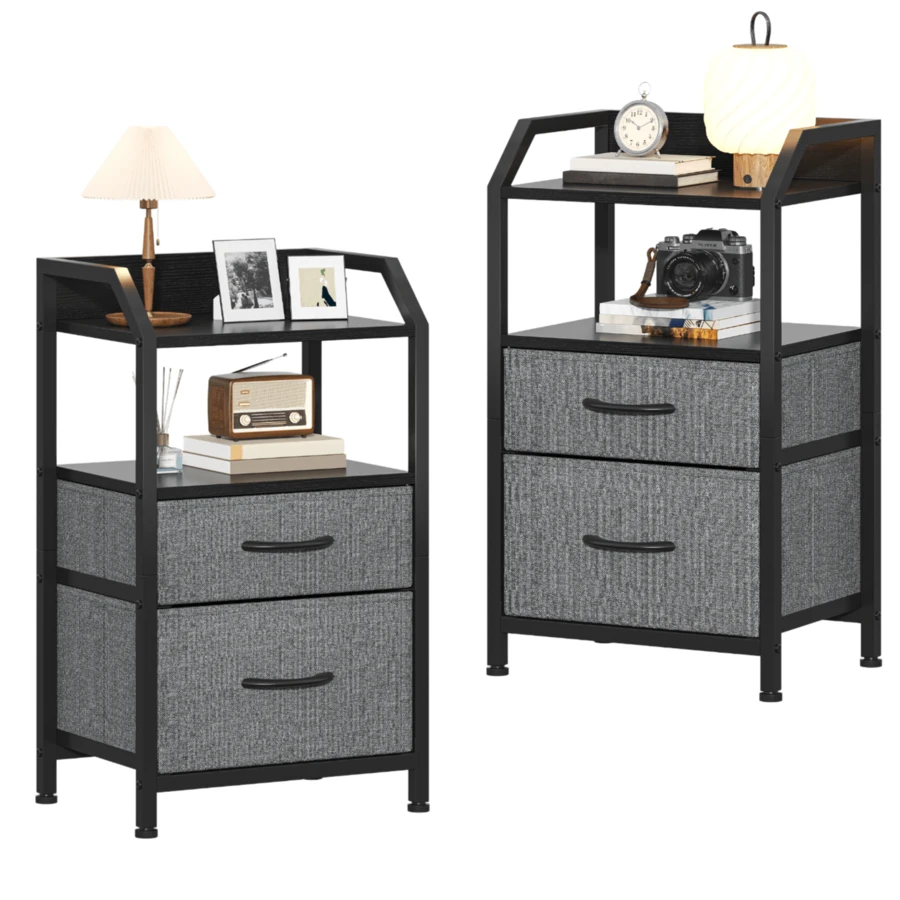 Compact 2-Drawer Fabric Bedside Table With Open Shelf | Metal Frame & Wooden Top, Space-Saving Nightstand For Bedroom/Living Room, Modern Sofa End Table With Storage