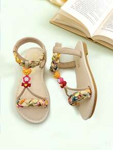 1 Pair Beige Fashion Children's Sandals, Girls' Flat Sandals, Bohemian , Colorful Woven Straps, Multiple Decorative Accessories, Lightweight & Comfortable, Soft Non-Slip Sole, Suitable For Summer Outings, Banquets, Beach Parties, Weddings, Vacations, Daily Wear, Beach Sandals, Girls' Sandals - Red - View 10