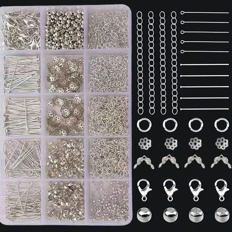 Bộ dụng cụ làm trang sức 15 khe, bao gồm hộp đựng, tấm lót hình hoa, hạt định vị, khóa càng cua, dây nối dài, thích hợp để tự làm vòng tay, vòng cổ, bông tai, đồ thủ công và sửa chữa trang sức. - Bộ dụng cụ làm trang sức - Xem 1