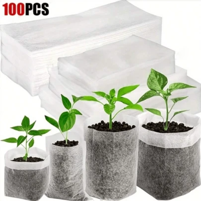 100pcs Plant Grow Bags, Non-Woven Fabric Seed Starter Kits For Vegetables, Flowers And Seedlings, Breathable And Waterproof Garden Accessories, White, Ideal For Indoor/Outdoor Gardening, Nursery Propagation | Functional Gardening | Lightweight Planters
