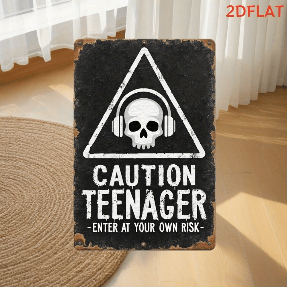 2D Flat - 1pc Retro Funny Iron Sign Plate - "Attention: Teenagers Enter At Own Risk" - Perfect For Game Room, Man Cave And Bedroom - Unique Gift For Gamers & Teenagers, Bedroom Wall Decor, Game Room Accessory, Vintage Decoration, Personalized Home Decor, Sturdy Hanging Plaque, High Quality Sign, Creative Wall Art, Statement Piece, Young People Decoration, 2D Flat Design, Ideal Room Decor