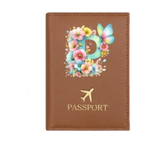 1个A-Z字母护照套，PU皮革旅行护照夹，飞机图案，粉色护照夹，护照夹，护照钱包，信用卡夹，身份证件夹，结婚礼物，蝴蝶首字母，商务旅行、毕业、返校旅行配件 - 棕色 - 查看 18