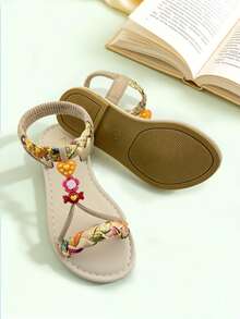 1 Pair Beige Fashion Children's Sandals, Girls' Flat Sandals, Bohemian , Colorful Woven Straps, Multiple Decorative Accessories, Lightweight & Comfortable, Soft Non-Slip Sole, Suitable For Summer Outings, Banquets, Beach Parties, Weddings, Vacations, Daily Wear, Beach Sandals, Girls' Sandals - Red - View 9