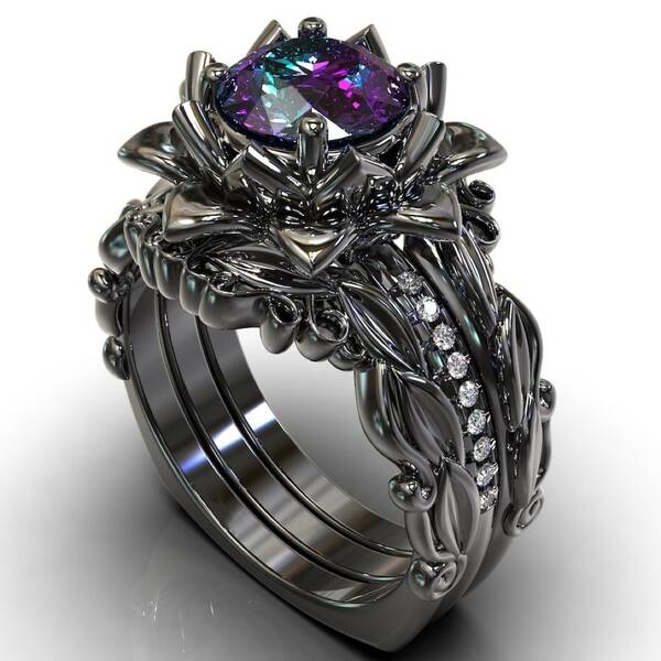 Conjunto de 3 Anéis de Luxo com Folha Preta e Desenho Floral, Incrustado com Cubic Zircônia Arco-íris, Estilo Elegante e Requintado Adequado para Mulheres, Joias da Moda para Noiva, Noivado e Aniversário