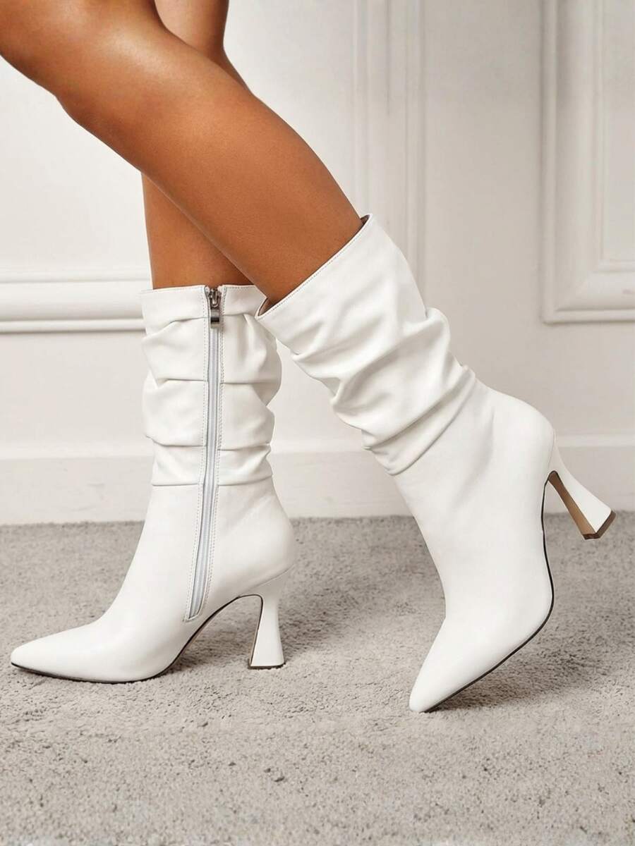 Women's Accordion-Style Mid-Calf Boot, Minimalist, Casual, Stylish - 白色 - 查看 1