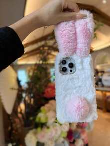 动物耳朵 可爱兔耳毛绒手机壳，兼容 16 Pro Max、S25U、MOTO等国际版，非国内版 - 白殼粉兔 - 查看 6