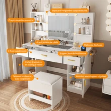 Dressing Table With LED Mirror And Storage Stool, 113x40x140 Cm - 10 Bulbs, 3 Adjustable Colors, 3 Drawers, 6 Shelves, 5 Hooks, 10x Magnification - EU E Type Plug(220-240V) - View 4