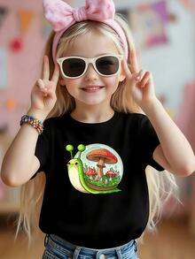 Cute Snail And Mushroom Fantasy Print Girls Cotton Graphic TShirt  Soft Breathable Tee For Summer, Casual Everyday Wear, Perfect Birthday Gift For Little Trendsetters - màu đen - Xem 6