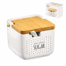 Tarro de Condimentos de Cerámica con Tapa de Madera, Recipiente de Cocina Antihumedad con Cuchara - Blanco - Ver 3