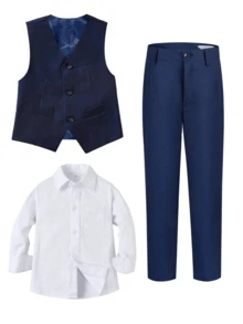 3pcs/Set Boys Formal Outfit White Long Sleeve Shirt Vest Pants For Holiday Party Daily School Birthday Wedding Wear - Navy Blue - View 8
