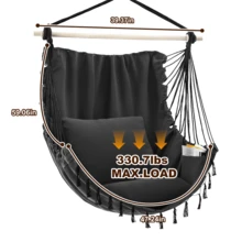 OLIXIS Hammock Chair With 2 Cushions, Hanging Swing Chair With Heavy Duty Metal Bar, Indoor Outdoor Boho Hanging Chair For Bedroom, Patio, Balcony And Backyard - 黑色 - 查看 4