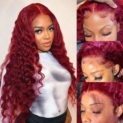 Eulisi Deep Wave Wigs 13x6 HD Transparent Lace Frontal Wig Burgundy Human Hair Curly Wave Wigs Glueless Pre Plucked With Baby Hair Hairline Natural 150% Density RED #99J Colored 60% Human Hair Wig For Women Can Be Styled With A Middle Part Left Side Part Right Side Part Braids And Other Bifferent Hairstyles Small Knotted Suitable For Beginners To Wear Simple Convenient And Quick To Install Easy To Remove
