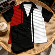 2pcs/Set Plus Size Men's Casual Striped Patchwork 3D Print Short Sleeve Button-Down Shirt And Shorts Summer Outfit, Suitable For Dates, Beach, Vacation - Multicolor - View 3