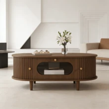 Living Room Coffee Table Measuring 100 X 50 X 36 Cm, Walnut Finish. Coffee Table With A Drawer, Sofa Table With A Roll-Up Door, Side Table, Living Room Table, Four-Legged Stand, Walnut Finish. - Brown - View 4