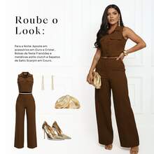 Elegant Women's Linen Vest And High-Waisted Pants Set - 鏽棕色 - 查看 7