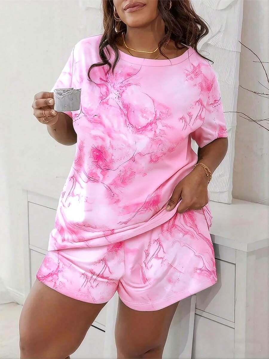 Plus Size Women 2pcs Sleepwear Set - Loose Casual Sports Leopard Print Cropped Tank Top And Cute Shorts, Suitable For Spring/Summer, Easter, Birthday Gift - Pink - View 1