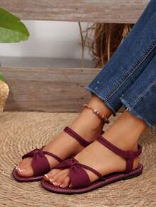 New Arrival Plus Size Women Comfortable Minimalist Round Toe Hollow Out Elastic Flat Slippers Sandals, Casual Fashion Outdoor Beach Style Summer Shoes - Burgundy - View 4