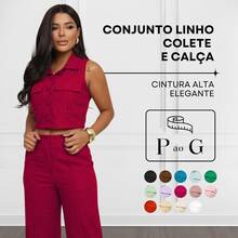 Elegant Women's Linen Vest And High-Waisted Pants Set - Hot Pink - View 2