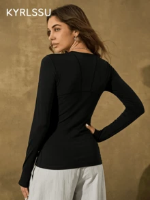 ZULIZ KYRLSSU 女款黑色圆领修身长袖运动上衣，瑜伽运动拇指孔T恤 - 黑色 - 查看 4
