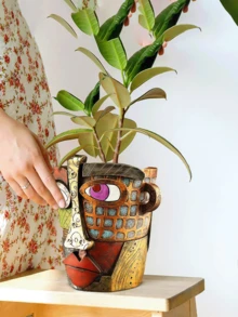 抽象人脸花盆，独特人脸花盆，适合室内植物，趣味人脸花盆，彩色植物盆，适合户外花园装饰和家居艺术装饰（经典风格） - A - 查看 7