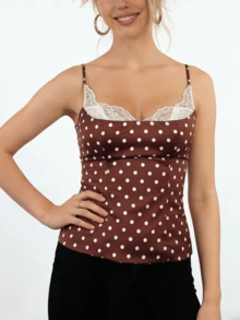 Women Polka Dot Y2K Cami Top Lace Trim Spaghetti Strap Tank Top Fairy Backless Dot Print Going Out Camisole - 深棕色 - 查看 4