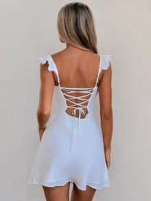Women's Lace Trim Mini Dress Solid Color Sleeveless Square Neck Back Lace-Up Slim Fit Short Dress Flowy A-Line Ruffle Swing Elegant Going Out Outfits Summer Dress For Party Date Night Wear - 白色 - 查看 2