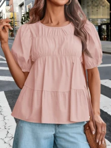 Womens Puff Sleeve Peplum Babydoll Tops Smocked Pleated Cotton T Shirts Summer Casual Loose Fit - 淺粉紅色 - 查看 3