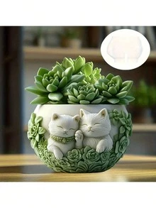 Cute Kitten Garden Cement Aromatherapy Plaster Cup Mold DIY Resin Storage Cup Flower Pot Decor Silicone Mold - White - View 2