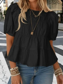 Women's Puff Sleeve Peplum Babydoll Tops, Summer Smocked Pleated Cotton T-Shirts Casual Loose Fit Flowy Blouses Cute Fashion Lightweight Tops For Daily Vacation Going Out Streetwear - 黑色 - 查看 1