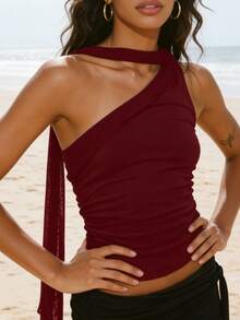 Women's Burgundy Fitted Crop Camisole Fashion Street Style Party Vacation Spring Summer 2026 - 酒紅色 - 查看 6
