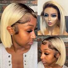Brown Dark Roots With #613 Blonde Color 13x4 Transparent Lace Frontal Human Hair Wigs For Women Pre Plucked Hairline 10inch 12inch 14inch 180 Density Ready To Wear Glueless Ombre Ash Blonde Colored Short Bob Wigs For Women Same Day Free Shipping - S4/613 - View 14
