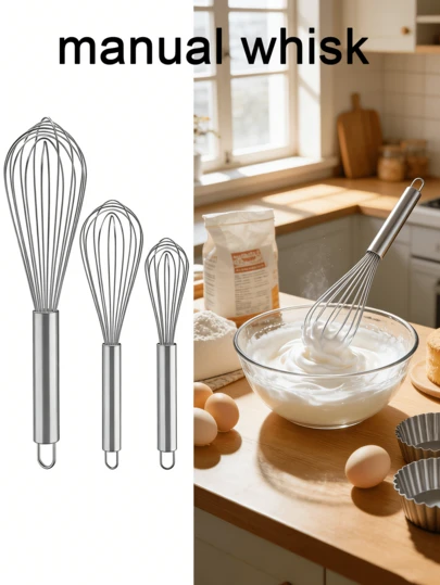 1pc Stainless Steel Cooking Whisk, 8-Inch + 10-Inch + 12-Inch Balloon Whisk, Essential Baking Mixing & Frothing Kitchen Tool
