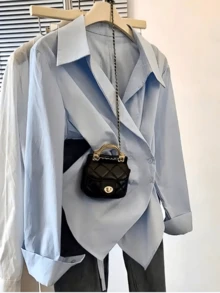 新款时尚不对称长袖女式Polo衫，白色，优雅基础款，修身腰身，女士时尚工作衬衫 - 藍色 - 查看 1