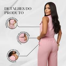 Elegant Women's Linen Vest And High-Waisted Pants Set - Baby Pink - View 6