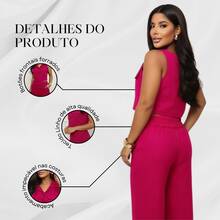 Elegant Women's Linen Vest And High-Waisted Pants Set - Hot Pink - View 6