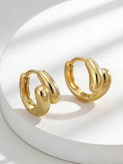 Charm-In Double Curved 18K Gold Plated Huggie Earrings | Dainty Chunky Fashion Earrings For Women | Perfect For Stacking & Daily Wear