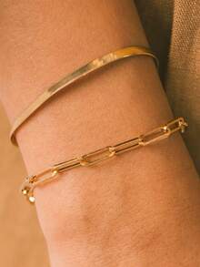 2 piezas Conjunto de pulseras de cadena de acero inoxidable, pulseras de cadena de clip de papel y hoja de estilo minimalista de moda, accesorios versátiles de lujo adecuados para niñas y mujeres - Dorado - Ver 2