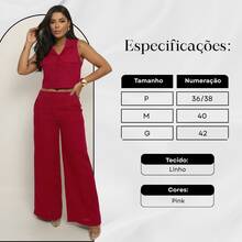 Elegant Women's Linen Vest And High-Waisted Pants Set - Hot Pink - View 3