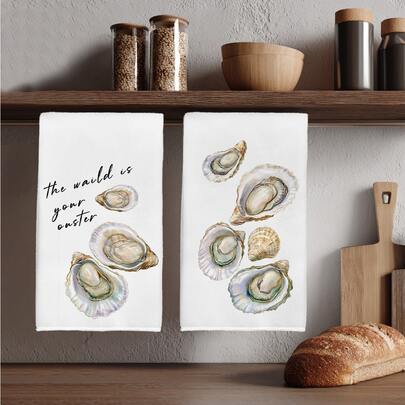 2 piezas Toallas de cocina de verano con diseño minimalista de concha de ostra, de material de poliéster suave, adecuadas para decoración de cocina, limpieza, decoración de fiesta festiva, artículos esenciales de cocina y baño, decoración del hogar, regalo de inauguración de la casa