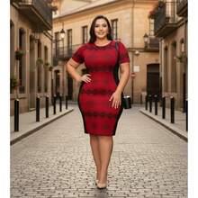 Plus Size Midi Sheath Dress In Lace/Guipure With Lining (Shaping Effect) – Short Sleeves – Modest/Evangelical Fashion – Sizes S To XL - Red - View 1