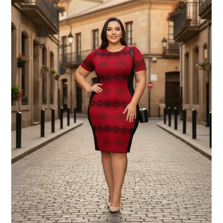 Plus Size Midi Sheath Dress In Lace/Guipure With Lining (Shaping Effect) – Short Sleeves – Modest/Evangelical Fashion – Sizes S To XL - Red - View 1