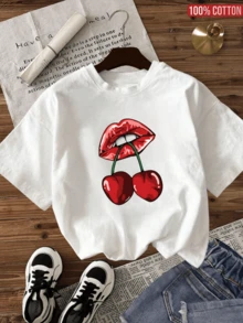 Maglietta casual bianca a maniche corte con scollo rotondo e stampa e scritta a quadrifoglio per ragazze, ideale per le studentesse estive, che stimola l'immaginazione e l'espressione di sé. - Bianco - Visualizzare 2