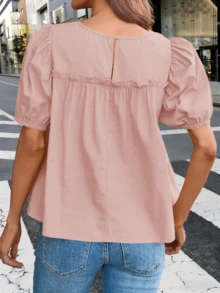 Womens Puff Sleeve Peplum Babydoll Tops Smocked Pleated Cotton T Shirts Summer Casual Loose Fit - 淺粉紅色 - 查看 2