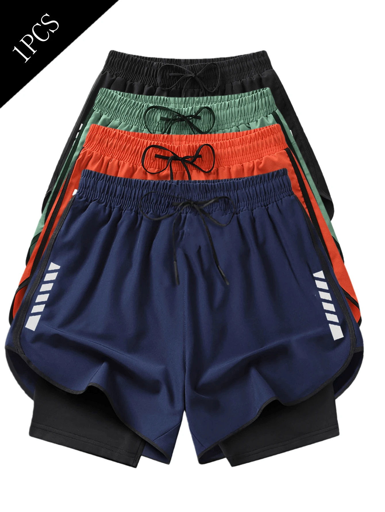 1pc (2-In-1) Women's Sports Shorts, Made Of Polyester And Elastic Fiber Blended Fabric, Breathable And Lightweight, Adjustable Drawstring Waist, Geometric Pattern Design, Suitable For Fitness And Daily Wear, Machine Washable, Comfortable For Multi-Season, Sports & Casual Wear, Functional Design Shorts, Adjustable Comfortable Shorts - Blue - View 1