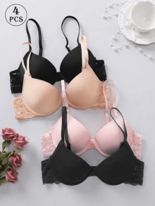 4 piezas Sujetador con aros de encaje multicolor para mujer, con control lateral, tirantes finos ajustables, efecto push-up, lencería para boda y uso diario - Multicolor - Ver 4