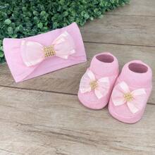 Baby Slippers And Headband Set For Newborns With Rhinestones And Assorted Bows - Baby Pink - View 2