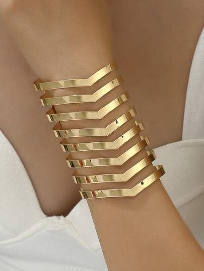 1pc Gold Metal Bracelet, Personalized V-Stripe Open Cuff Bangle, Bohemian Smooth Multi-Layer Bracelet, Bridal Fashion Accessory, Suitable For Church Wedding/Formal Gala/Party/Anniversary Gift/Bridesmaid Outfit